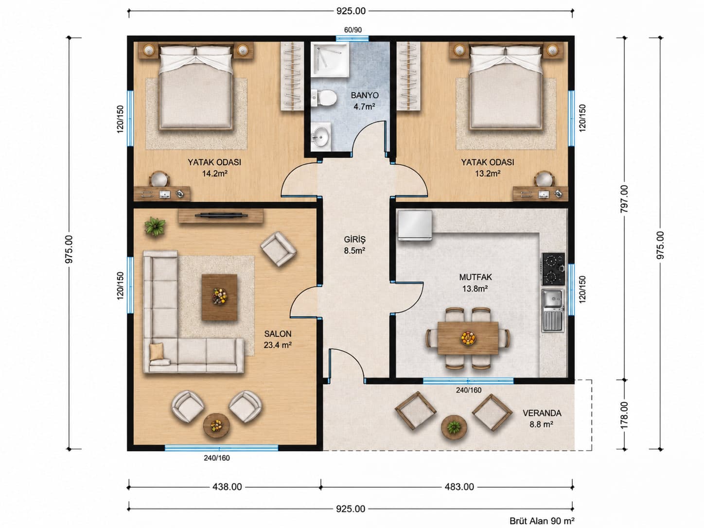 90 m² Tek Kat Çelik Ev